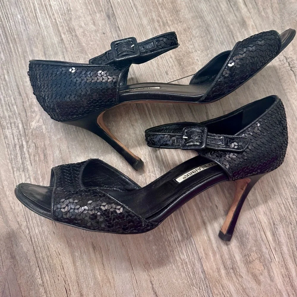 Manolo Blahnik Caldo Sequined Black Ankle Strap Peep Toe Stiletto Heels